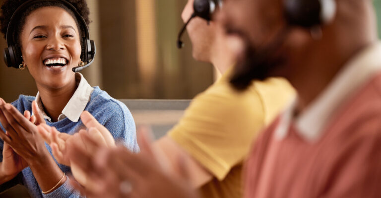 Congratulations, support and call center employees with an applause for success, achievement and pr